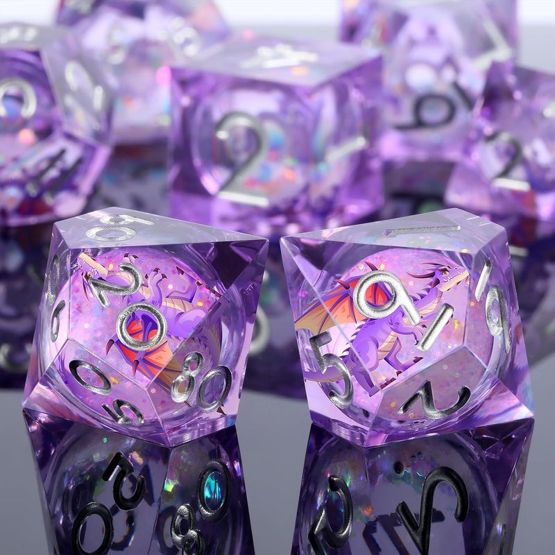 DNDND Purple Dragon Dice with Silver Numbers | Liquid Core 7-Piece Sharp Edge D&D Dice Set | Dragon Themed Collectible Metal Case | RPG Tabletop Gaming Gift - Image 3